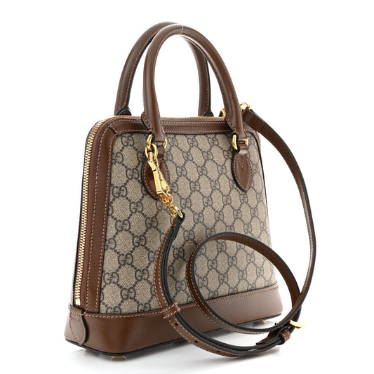 GG Supreme Monogram Azalea Calfskin Small Horsebit 1955 Top Handle Bag Beige Ebony Brown Sugar