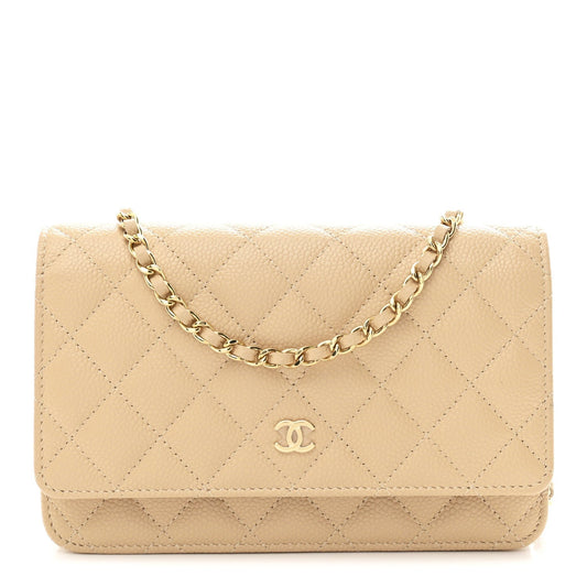Caviar Quilted Wallet on Chain WOC Beige
