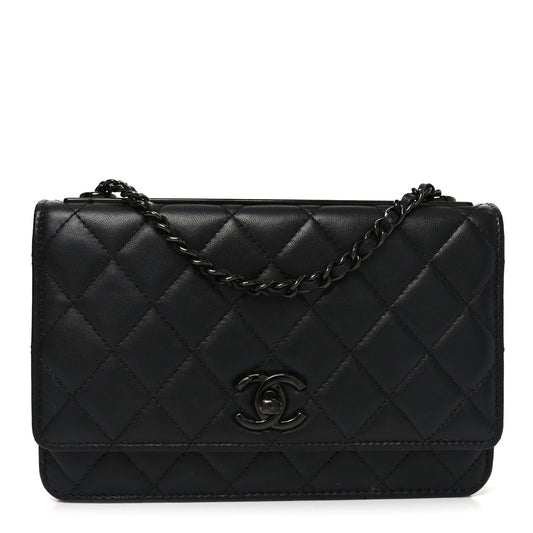 Lambskin Quilted Trendy CC Wallet On Chain WOC So Black