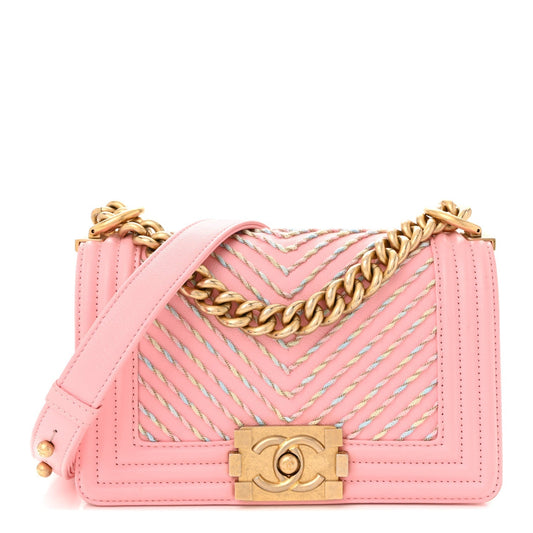 Calfskin Chevron Embroidered Small Boy By The Sea Flap Pink
