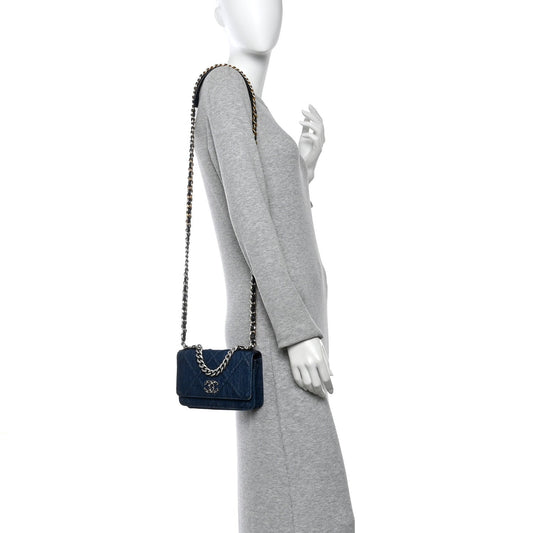 Denim Quilted Chanel 19 Wallet On Chain WOC Blue