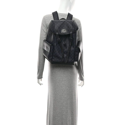 GG Supreme Monogram Textured Dollar Calfskin Medium Ophidia Double Buckle Backpack Blue Dark Blue Black