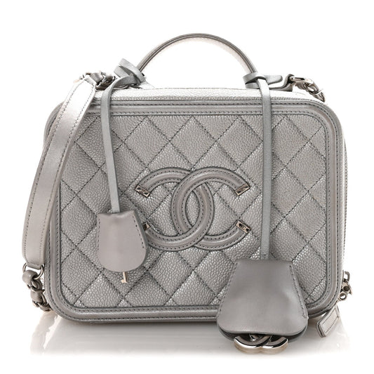 Metallic Caviar Quilted Medium CC Filigree Vanity Case Silver