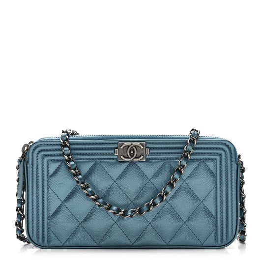 Metallic Caviar Quilted Small Boy Clutch With Chain Turquoise