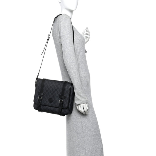 GG Supreme Monogram Textured Dollar Calfskin Retro Interlocking G Flap Messenger Bag Black