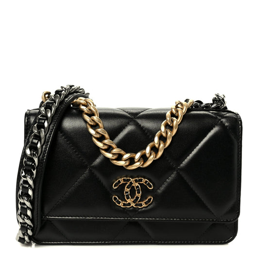 Lambskin Quilted Chanel 19 Wallet On Chain WOC Black