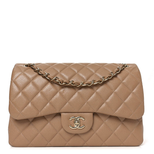 Caviar Quilted Jumbo Double Flap Beige