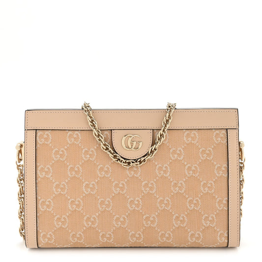 Denim Calfskin GG Monogram Small Ophidia Chain Shoulder Bag Light Beige