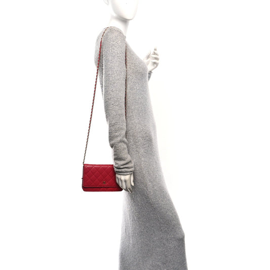 Lambskin Quilted Wallet On Chain WOC Dark Pink