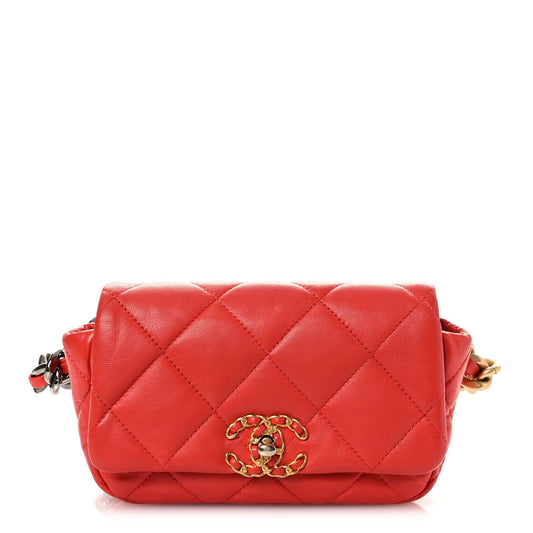 Lambskin Quilted Chanel 19 Waist Bag Red