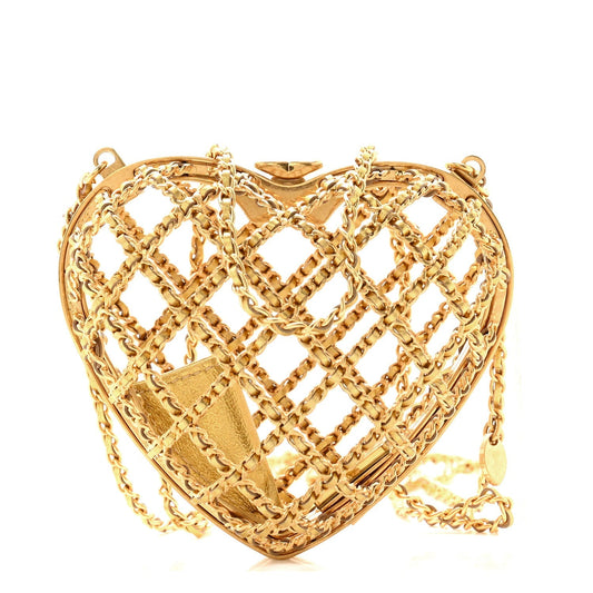 Metal Metallic Lambskin Quilted CC Heart Minaudiere Crossbody Gold