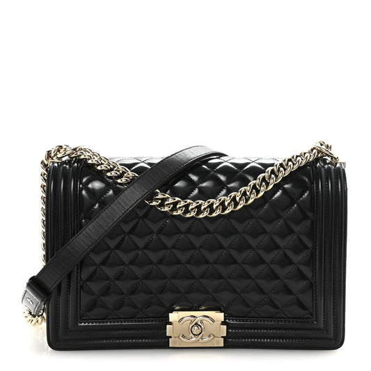 Iridescent Glazed Calfskin Quilted New Medium Boy Flap Black
