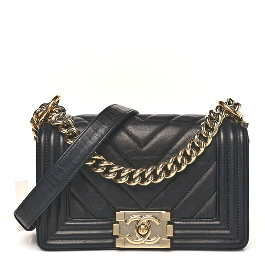 Calfskin Chevron Quilted Small Boy Flap Black