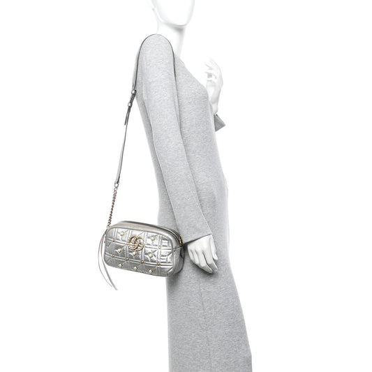 Metallic Calfskin Matelasse Studded Small Pearly GG Marmont Chain Shoulder Bag Silver