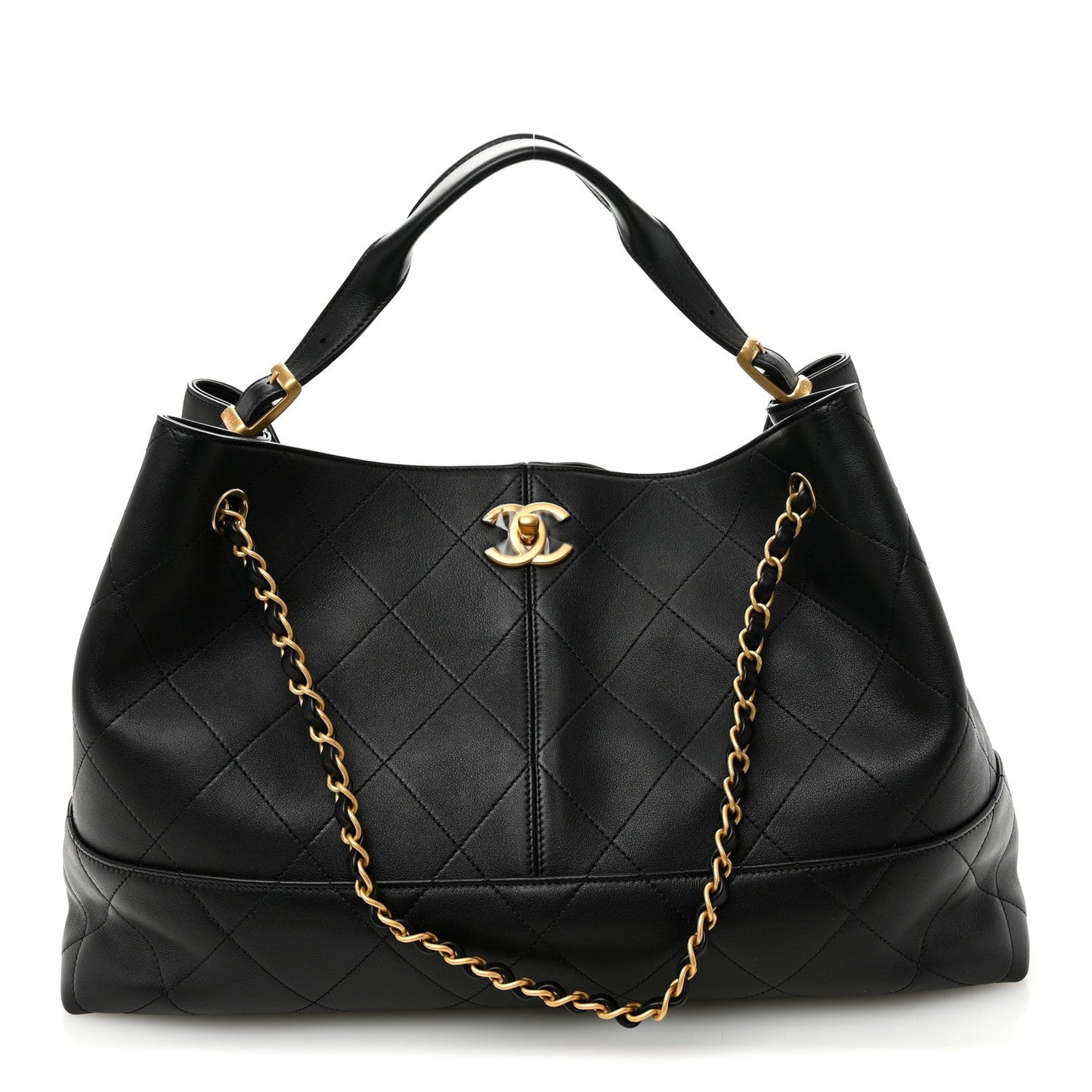 Calfskin Quilted Large Coco Base Shopping Bag Black