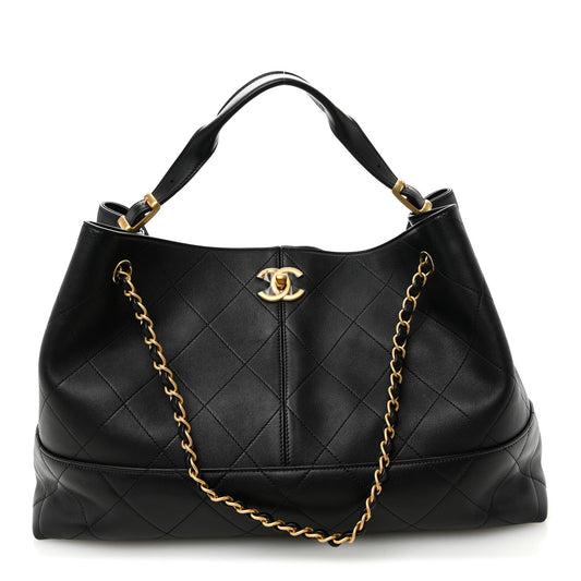 Calfskin Quilted Large Coco Base Shopping Bag Black
