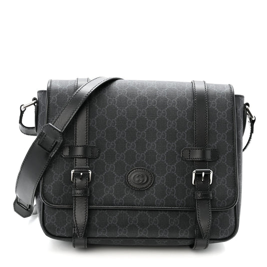 GG Supreme Monogram Textured Dollar Calfskin Retro Interlocking G Flap Messenger Bag Black