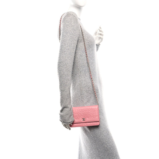 Lambskin Camellia Embossed Wallet on Chain WOC Pink