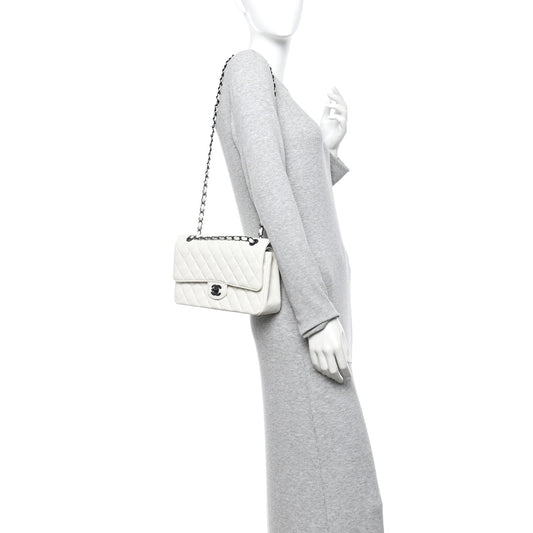 Crumpled Calfskin Quilted Medium Double Flap White