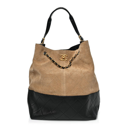 Suede Shiny Lambskin Quilted Large Shopping Bag Beige Black