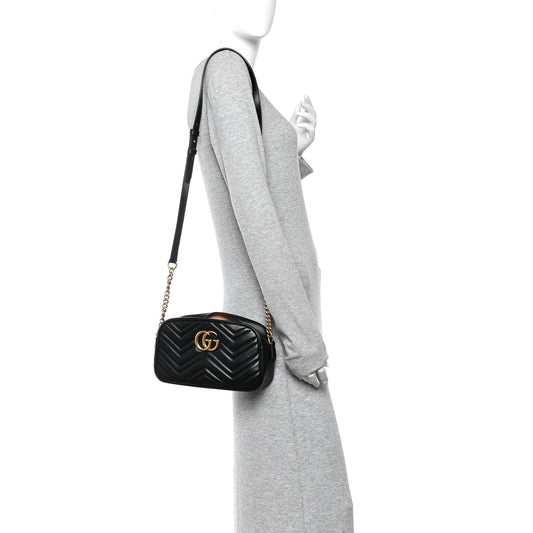 Calfskin Matelasse Small GG Marmont Chain Shoulder Bag Black
