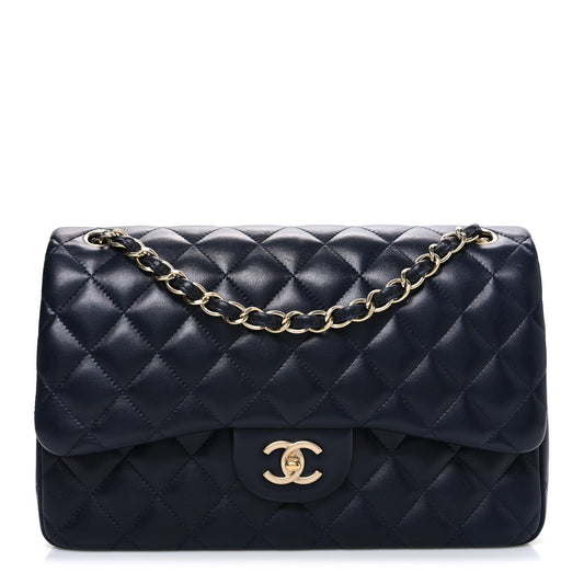 Lambskin Quilted Jumbo Double Flap Navy