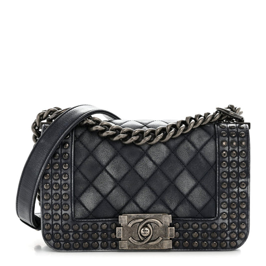 Faded Calfskin Quilted Small Studded Boy Flap Navy