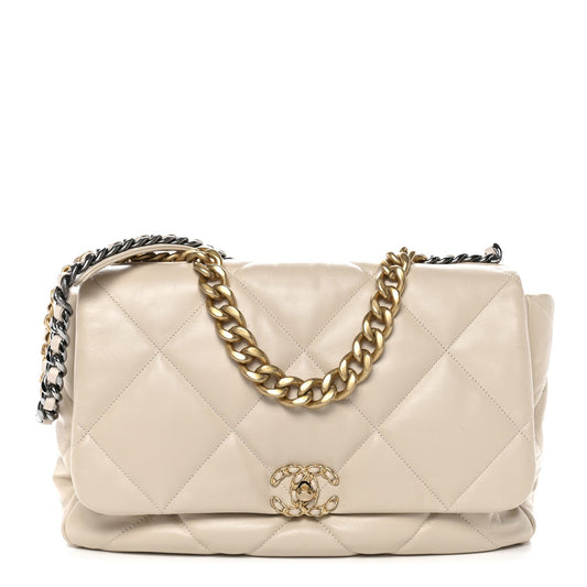 Goatskin Quilted Maxi Chanel 19 Flap Beige