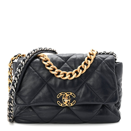 Goatskin Quilted Large Chanel 19 Flap Navy Blue