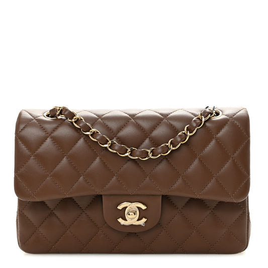 Lambskin Quilted Small Double Flap Brown