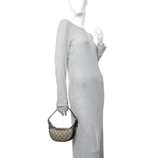 GG Supreme Monogram Textured Calfskin Web Mini Ophidia Half Moon Hobo Beige Ebony New Acero