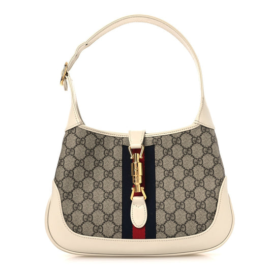 GG Supreme Monogram Azalea Calfskin Web Small Jackie 1961 Hobo Beige Ebony Mystic White