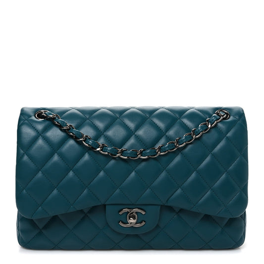 Lambskin Quilted Jumbo Double Flap Turquoise
