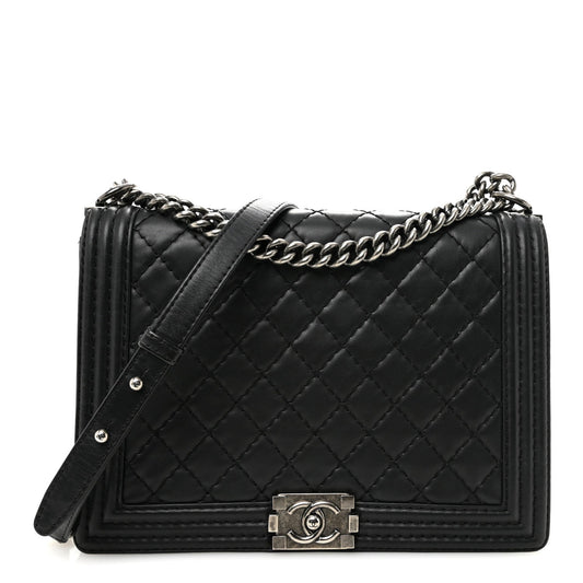 Calfskin Double Stitch Large Boy Flap Black