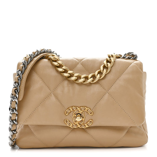 Goatskin Quilted Medium Chanel 19 Flap Dark Beige