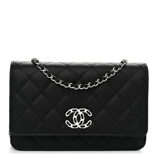 Caviar Quilted Chanel 19 Wallet On Chain WOC Black White