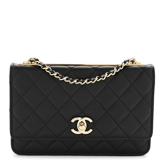 Lambskin Quilted Trendy CC Wallet On Chain WOC Black
