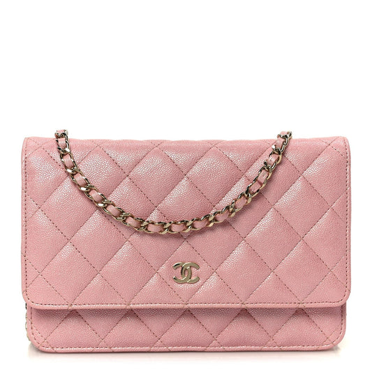 Iridescent Caviar Quilted Wallet on Chain WOC Rose Pink