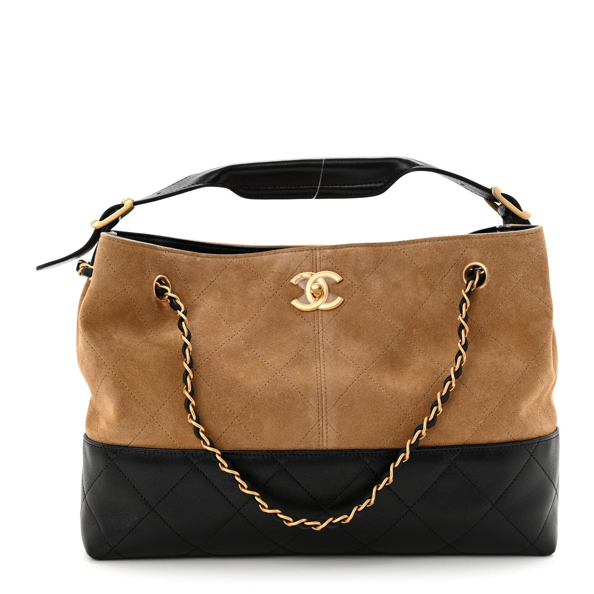 Suede Calfskin Shiny Lambskin Quilted Small Coco Base Shopping Bag Beige Black