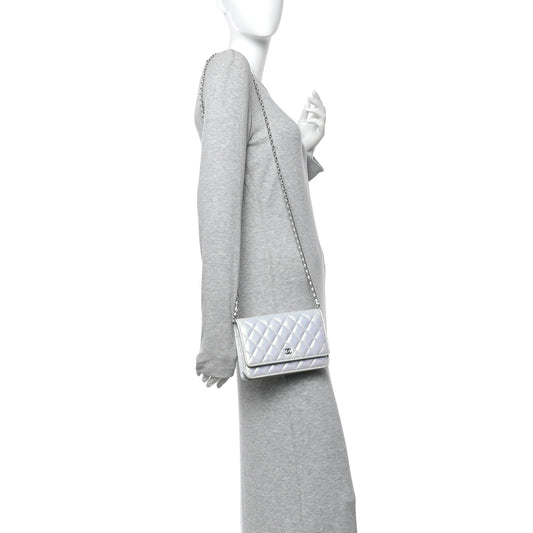 Iridescent Calfskin Quilted Wallet On Chain WOC Light Blue
