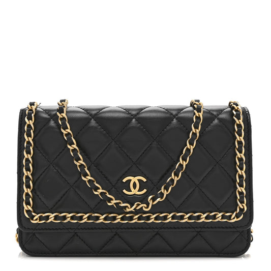 Lambskin Quilted Chain Around Wallet On Chain WOC Black