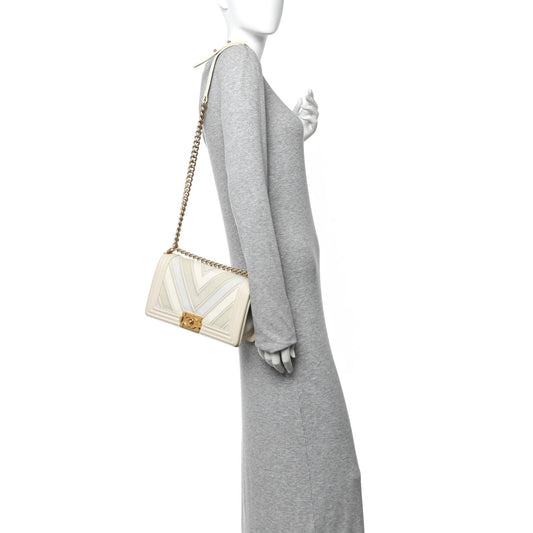 Caviar Suede Calfskin Chevron Medium Boy Flap White