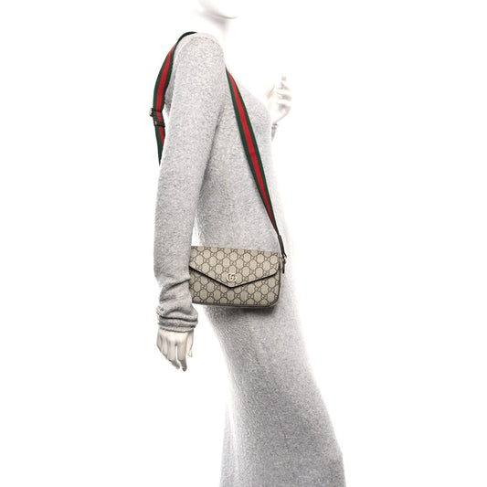 GG Supreme Monogram Textured Dollar Calfskin Web Mini Ophidia Envelope Shoulder Bag Beige Ebony New Acero