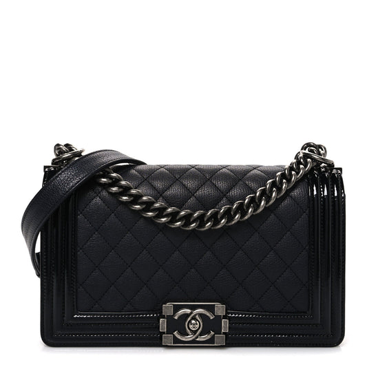Goatskin Quilted Patent Medium Duo Boy Flap Black