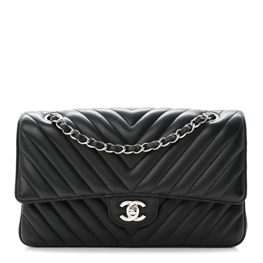Lambskin Chevron Quilted Medium Double Flap Black