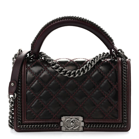 Goatskin Quilted New Medium Boy Handle Flap Burgundy