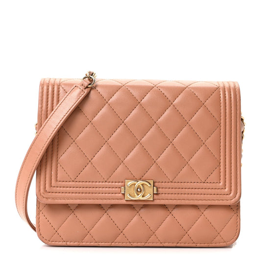 Calfskin Quilted Boy Square Wallet on Chain WOC Brown