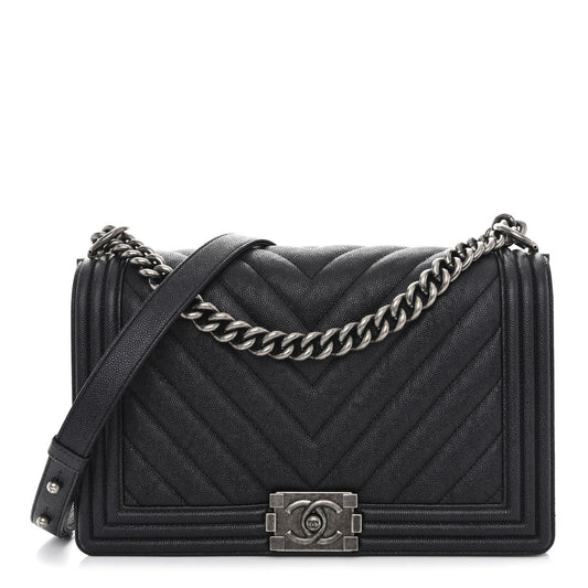 Caviar Chevron Quilted New Medium Boy Flap Dark Navy Blue