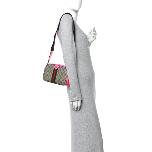 GG Supreme Monogram Textured Dollar Calfskin Web Ophidia Small Crossbody Bag Beige Ebony Fuchsia