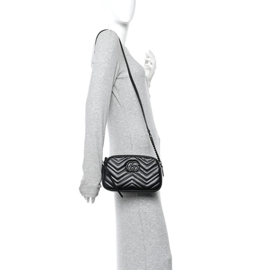Calfskin Matelasse Monochrome Small GG Marmont Chain Shoulder Bag Black